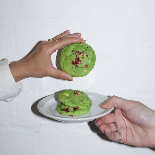 Pandan, Raspberry & White Chocolate Chip Cookies